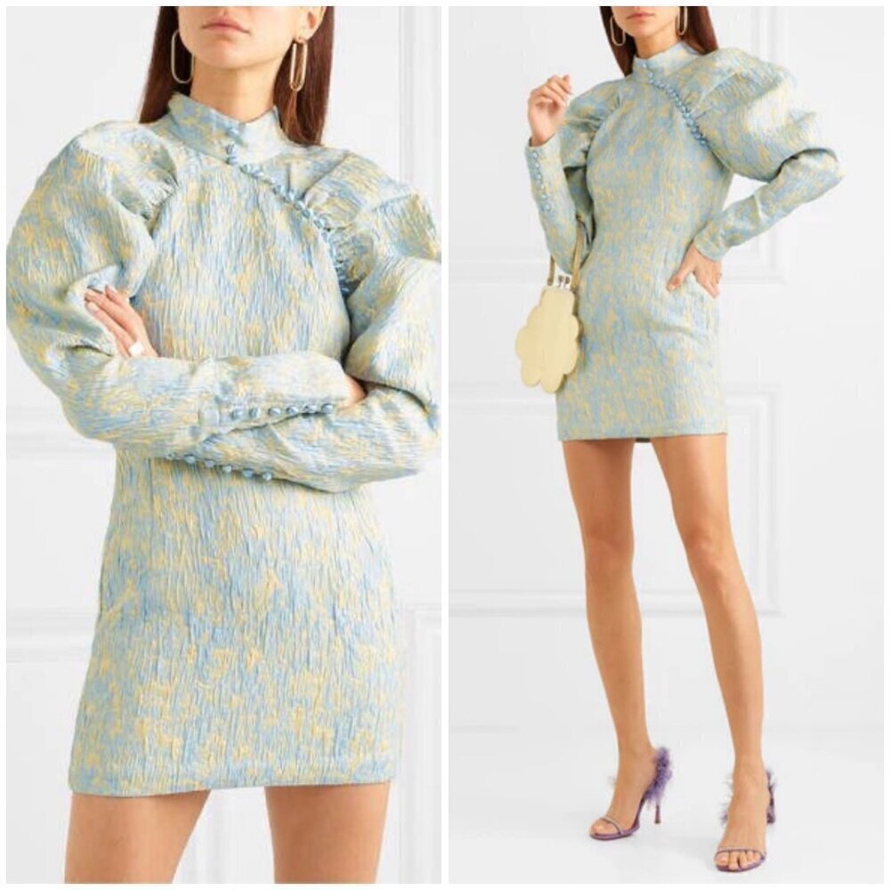 💕ROTATE💕 Button-Detailed Ruched Crinkled-Jacquard Mini Dress Angel Fall 8 NWOT - Picture 2 of 16